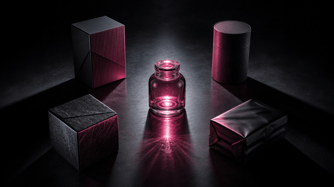 Four distinct unbranded product packages arranged around one luminous glass jar, each casting a different dramatic shado