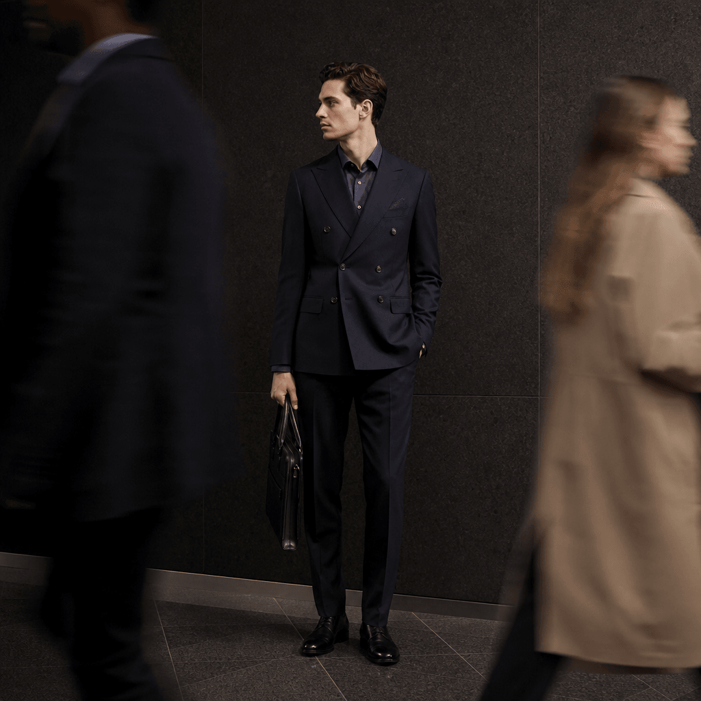 Minimal tailored suit revealed between two blurred commuters crossing a polished station corridor, dark editorial palett
