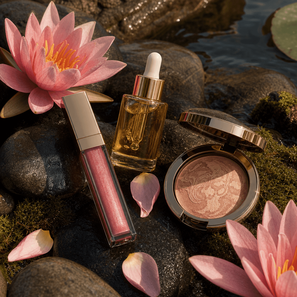 Flat-lay of luxury cosmetics — a lip gloss tube, a face oil bottle, and a compact — arranged on dark wet stones at a lak