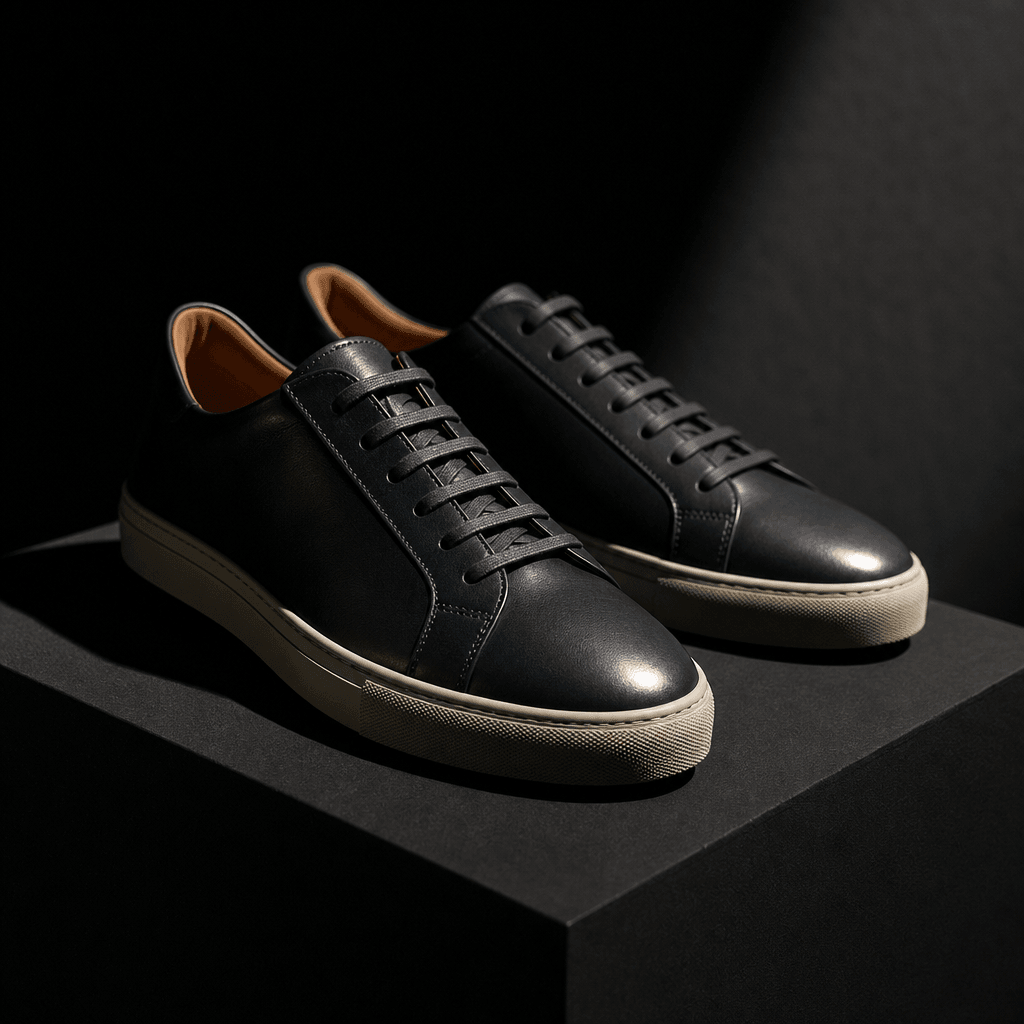 A pair of minimalist leather sneakers arranged on a dark matte plinth, dramatic lateral studio light sculpting leather t