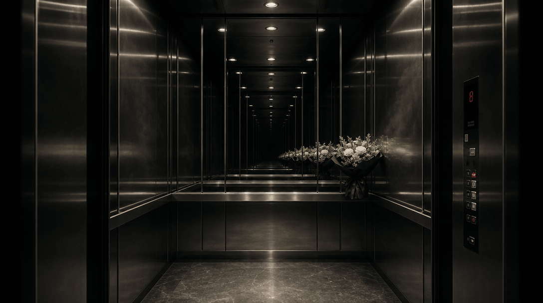 An empty brushed-steel elevator interior framed symmetrically, with realistic mirrored panels, slim architectural lines,