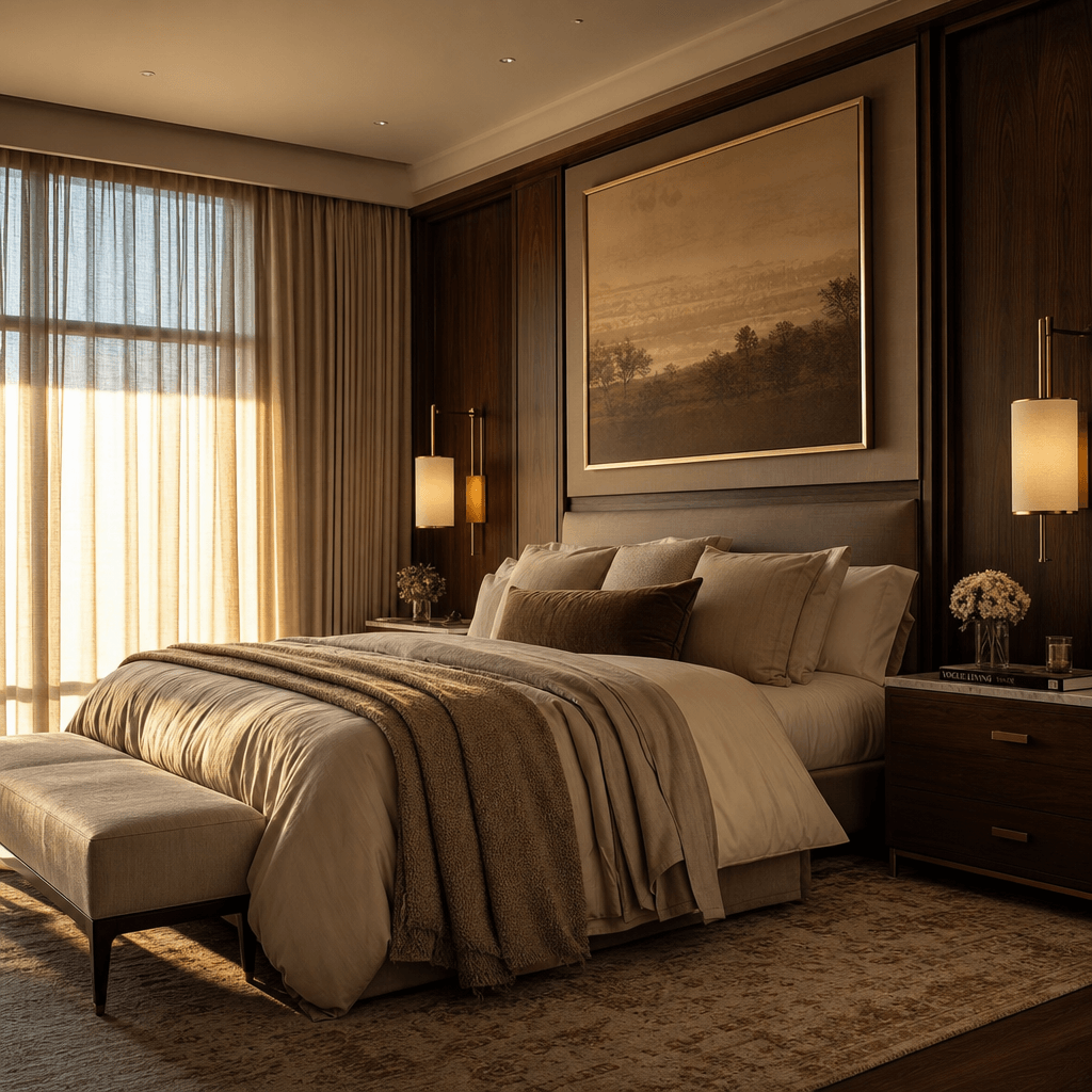A luxury master bedroom interior, warm golden-hour side lighting through sheer linen curtains, rich walnut headboard, la