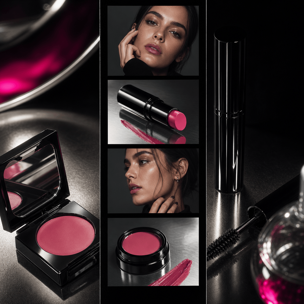 A square ecommerce beauty campaign composition where a photobooth strip alternates between an anonymous model and close-