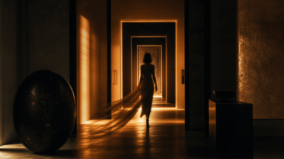 Abstract cinematic scene of a model's silhouette moving gracefully through a sequence of luminous doorways inside a luxu