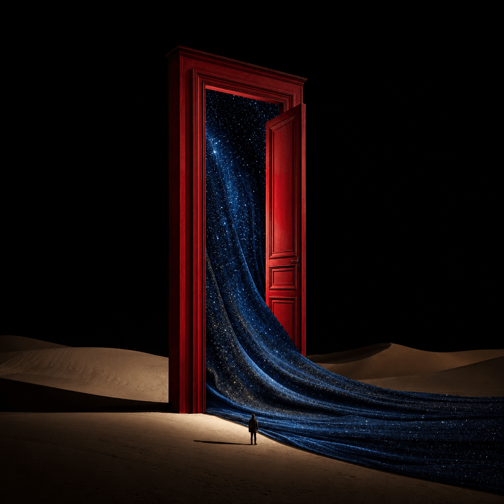 A surreal editorial illustration of a monumental red doorway standing in a silent desert at night, ribbons of stars pour