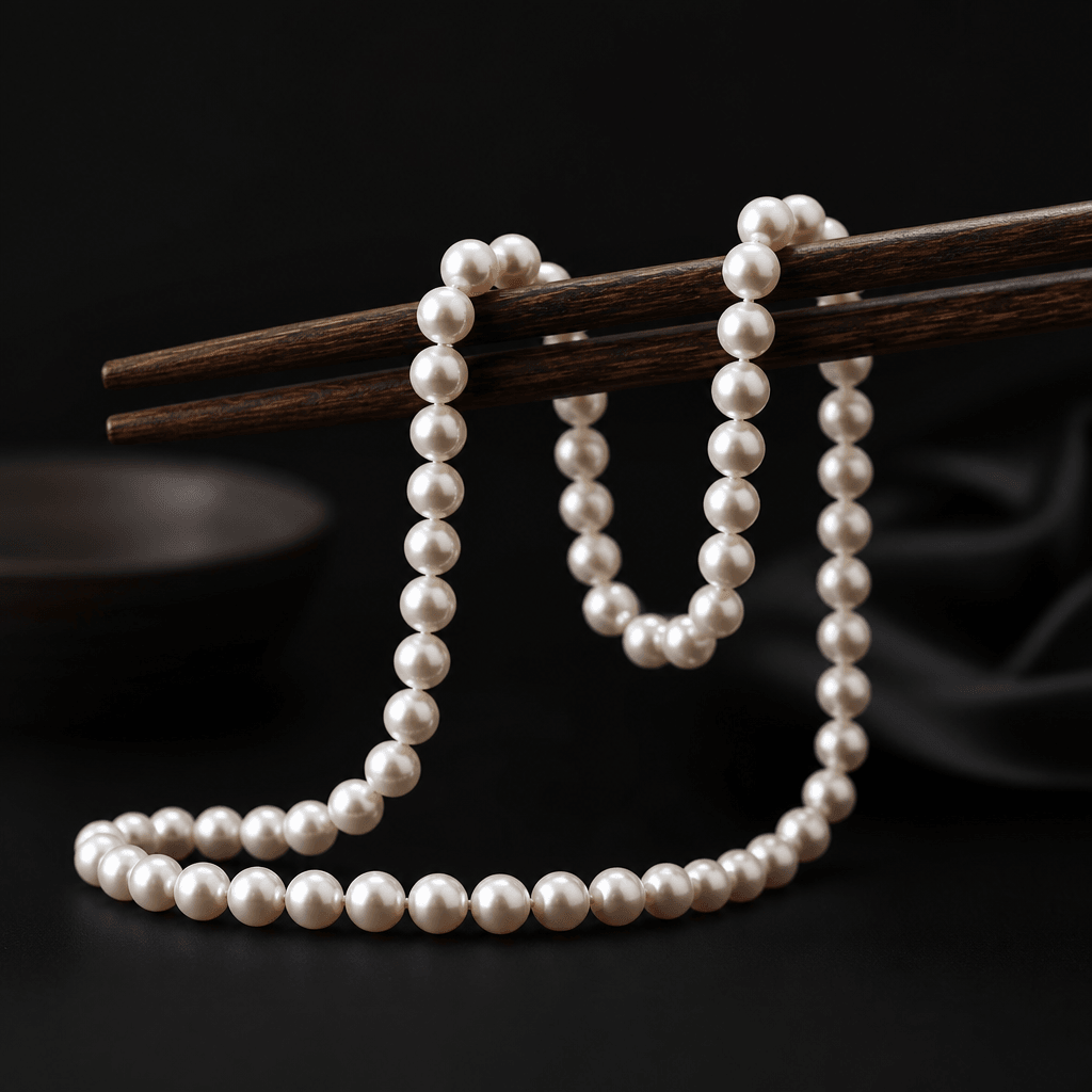 Pearl necklace draped across chopsticks, minimalist styling, dark background, professional jewelry photography, refined 