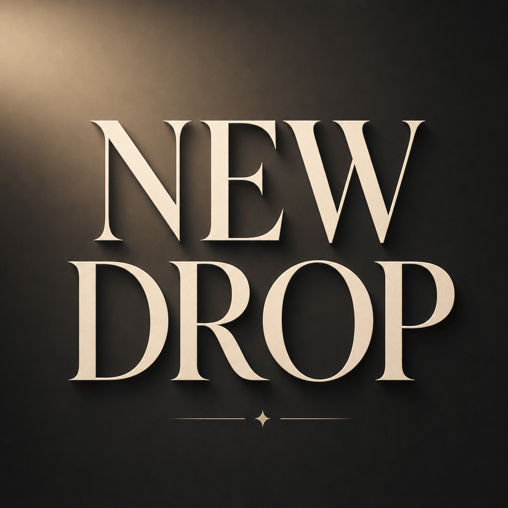 Typography poster showing 'NEW DROP' in elegant serif font, cream text with soft shadows, dark smooth gradient backgroun
