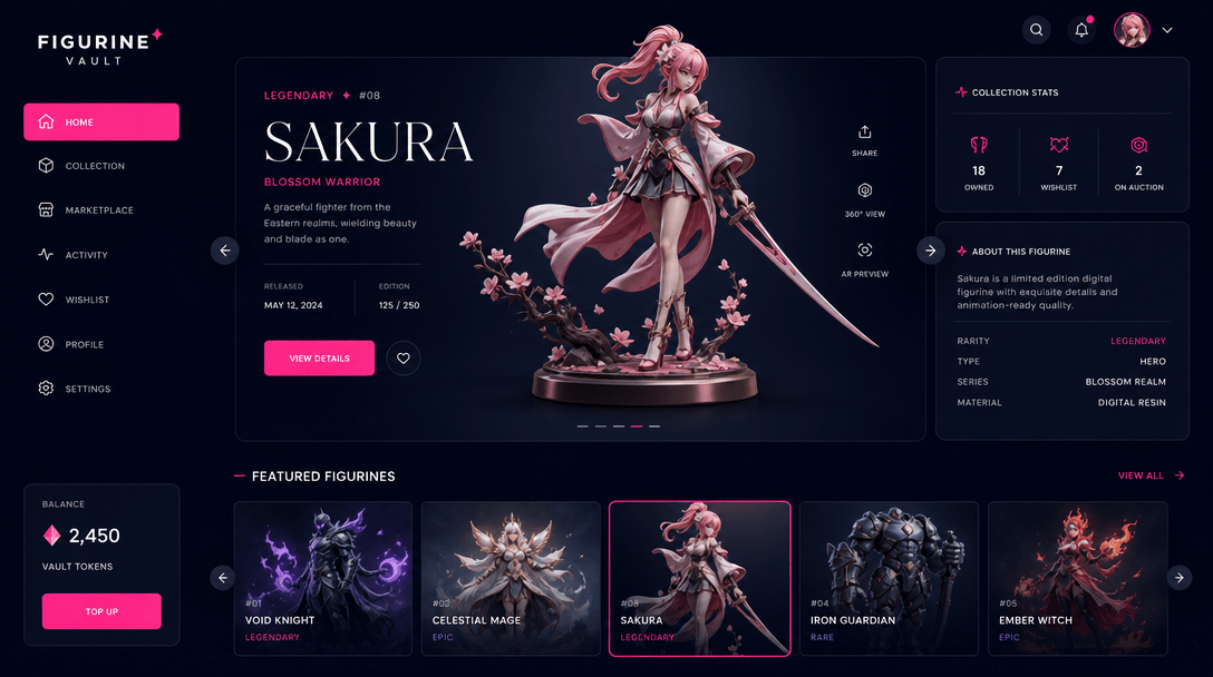 Modern digital collectible interface showing figurine gallery, hot pink and soft white accents, deep navy background, cl