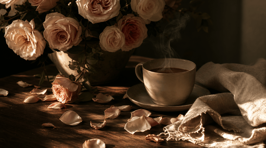 An atmospheric still life expressing the emotional warmth of flowers: loose rose petals, coffee steam, folded linen, and