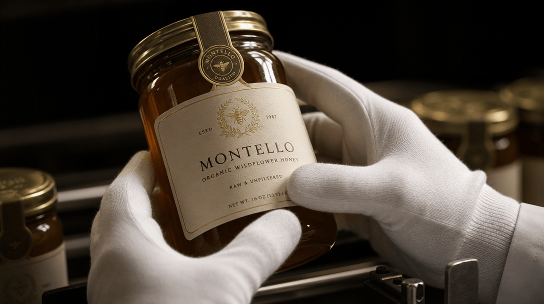 Close-up of a pair of hands in clean white gloves carefully inspecting a premium label on a glass jar on a factory quali