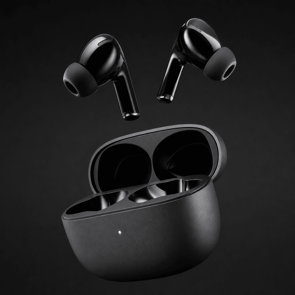 Compact true-wireless earbuds with charging case open, both components floating at offset heights against a charcoal gra