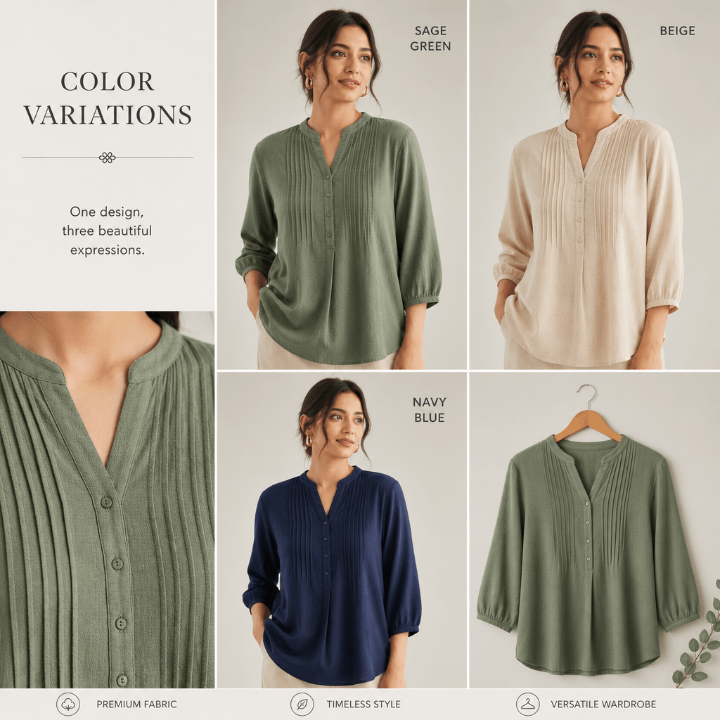 Collage style showing garment in three different fabric colors, variation showcase, professional studio lighting, organi