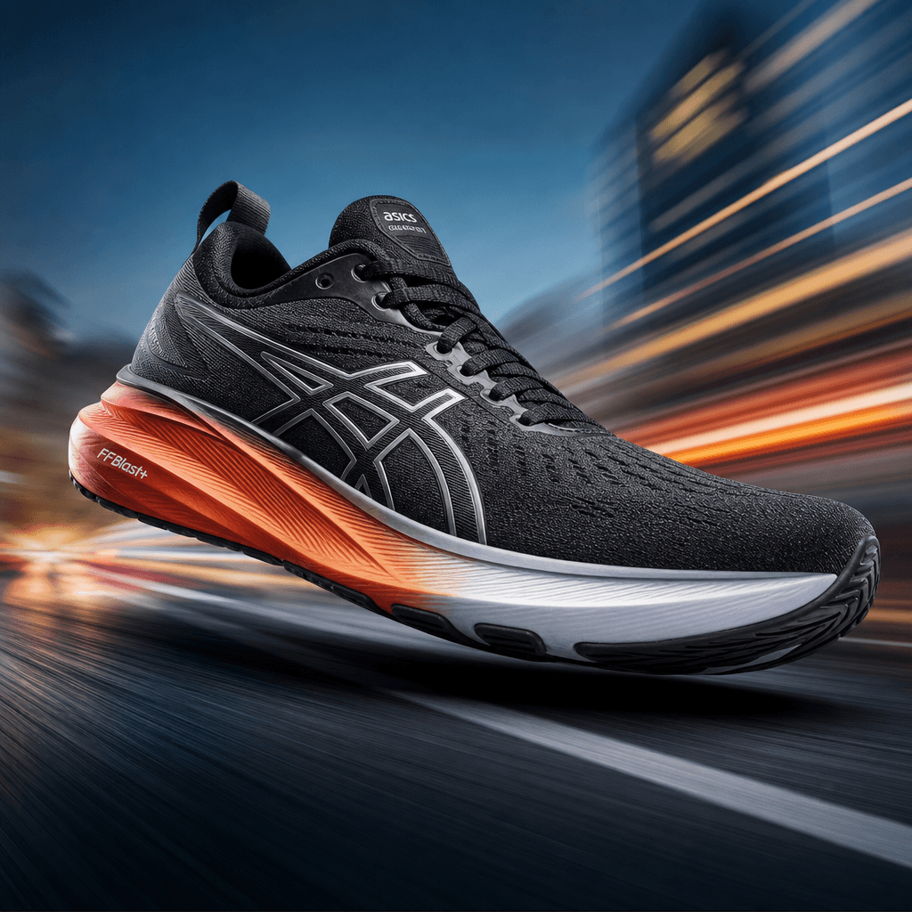 Dynamic running shoe shot with motion blur backdrop, energy and speed conveyed through composition, studio lighting emph