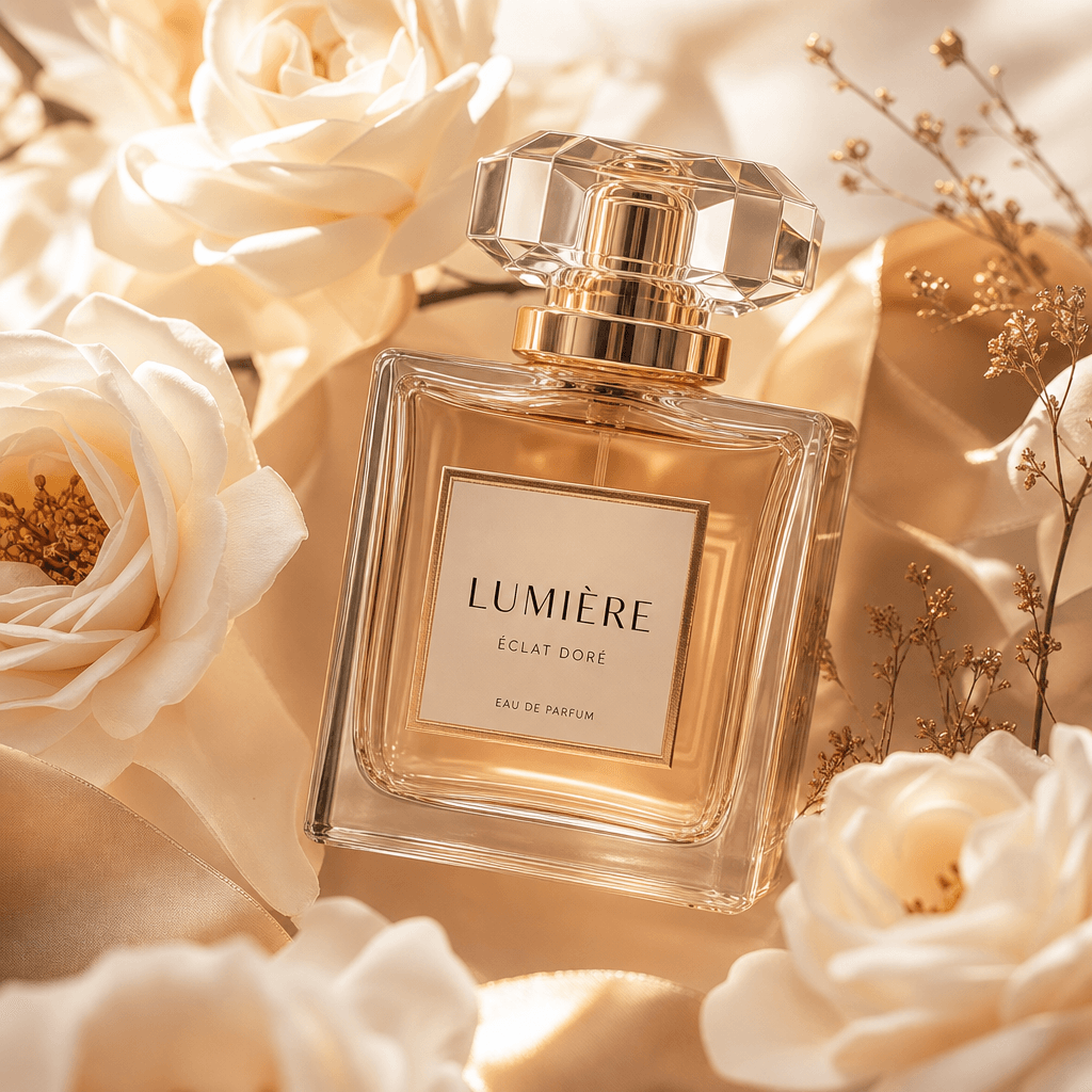Close-up luxury perfume bottle positioned among delicate white roses and soft silk ribbons. Warm rim lighting, shallow d