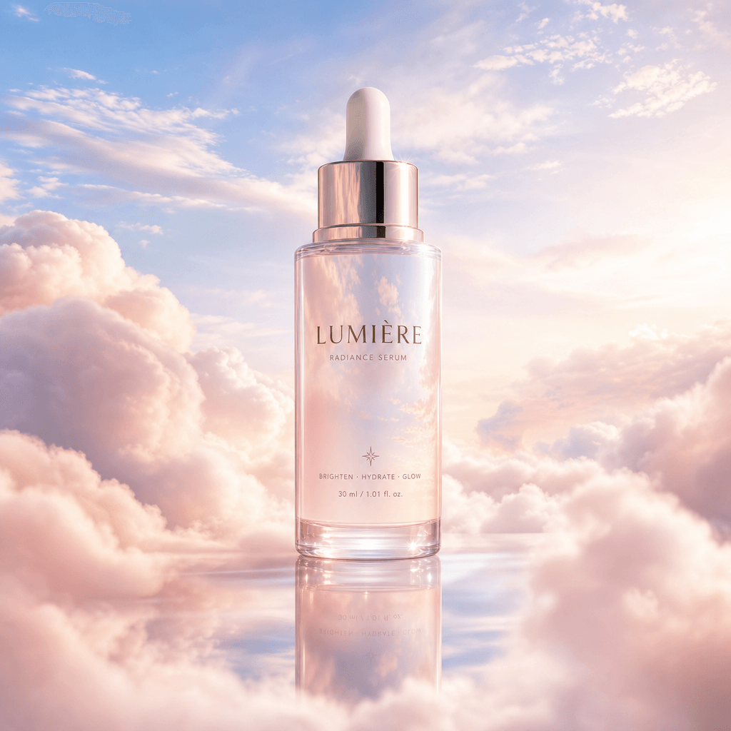 A beauty product surrounded by clouds, with a soft sky reflection enhancing its appeal. The mood should be dreamy and et