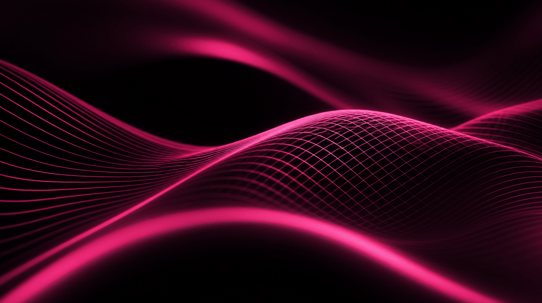 Abstract composition of flowing hot pink curved lines forming into grid pattern against dark black background. Suggests 