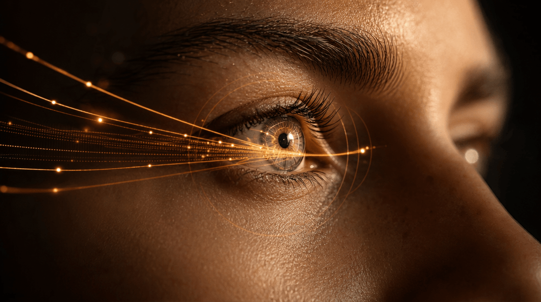 Macro close-up of human face showing eye tracking vectors as soft amber light trails, warm professional studio lighting,