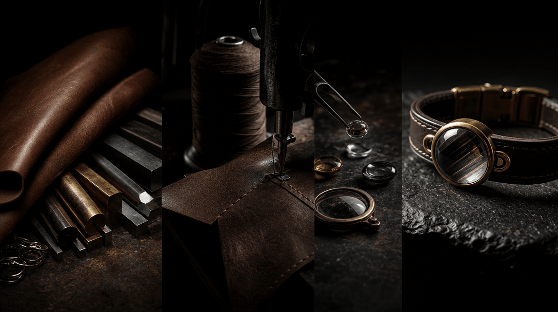 Raw materials flowing through stages toward a finished accessory, leather, metal, thread, and glass arranged as a cinema
