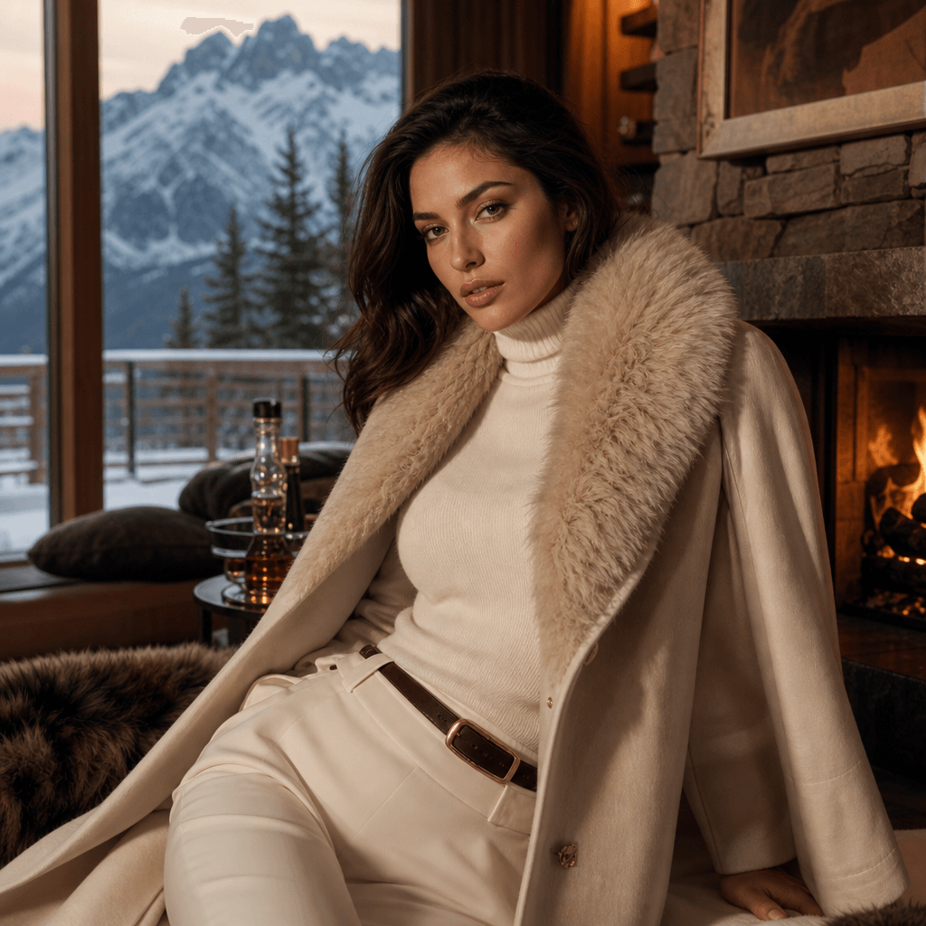 Winter resort photoshoot portrait, elegant styling with winter fashion, dramatic warm lighting, sophisticated lodge back