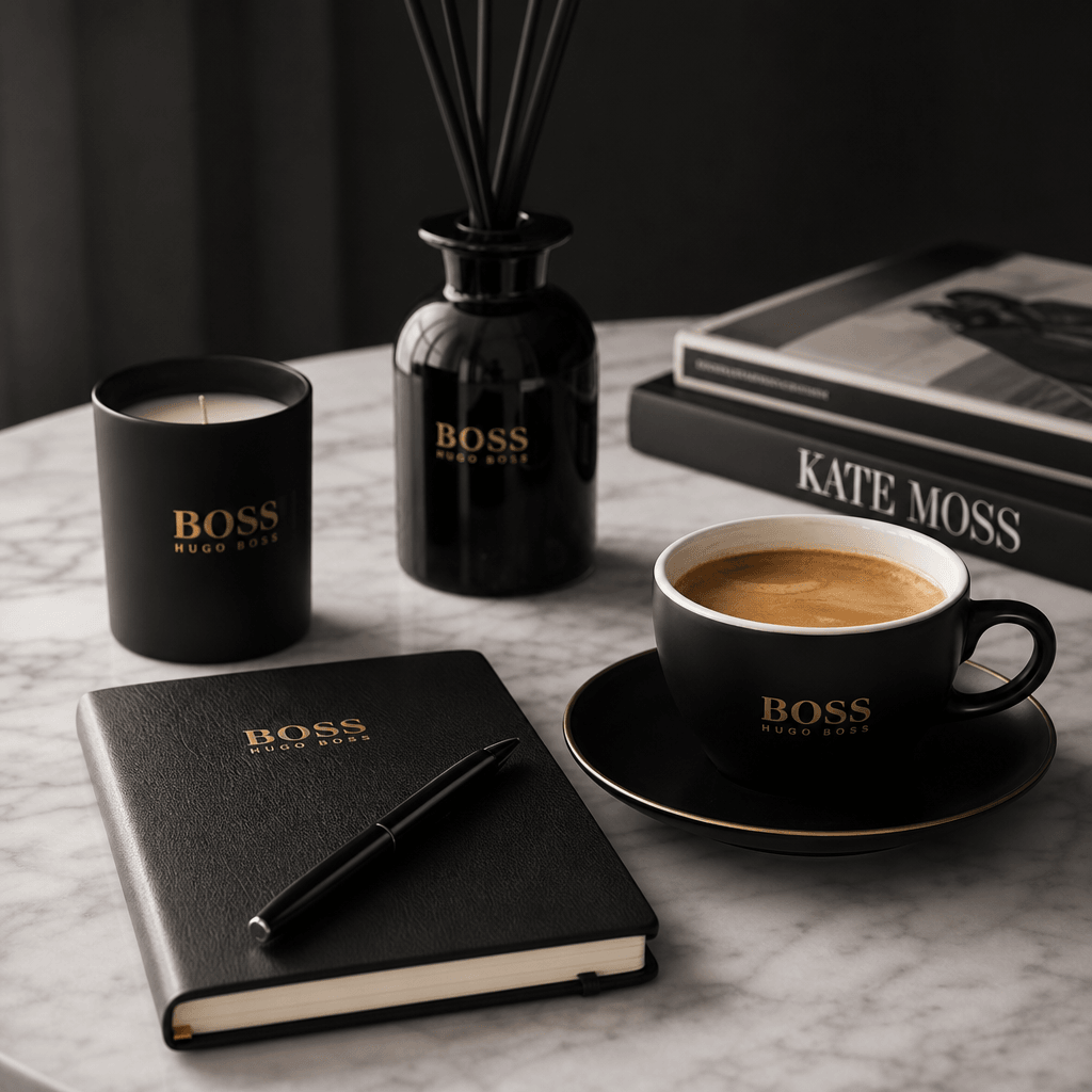 Elegant lifestyle product scene: coffee cup, notebook, and accessories arranged on marble surface with natural studio li