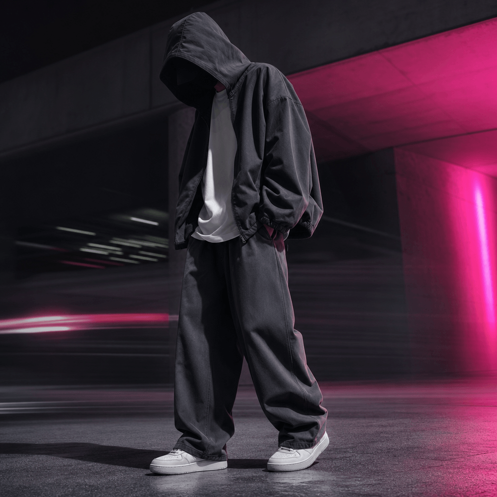 A streetwear outfit visualization on an anonymous model: oversized charcoal jacket, white shirt, wide-leg trousers, and 