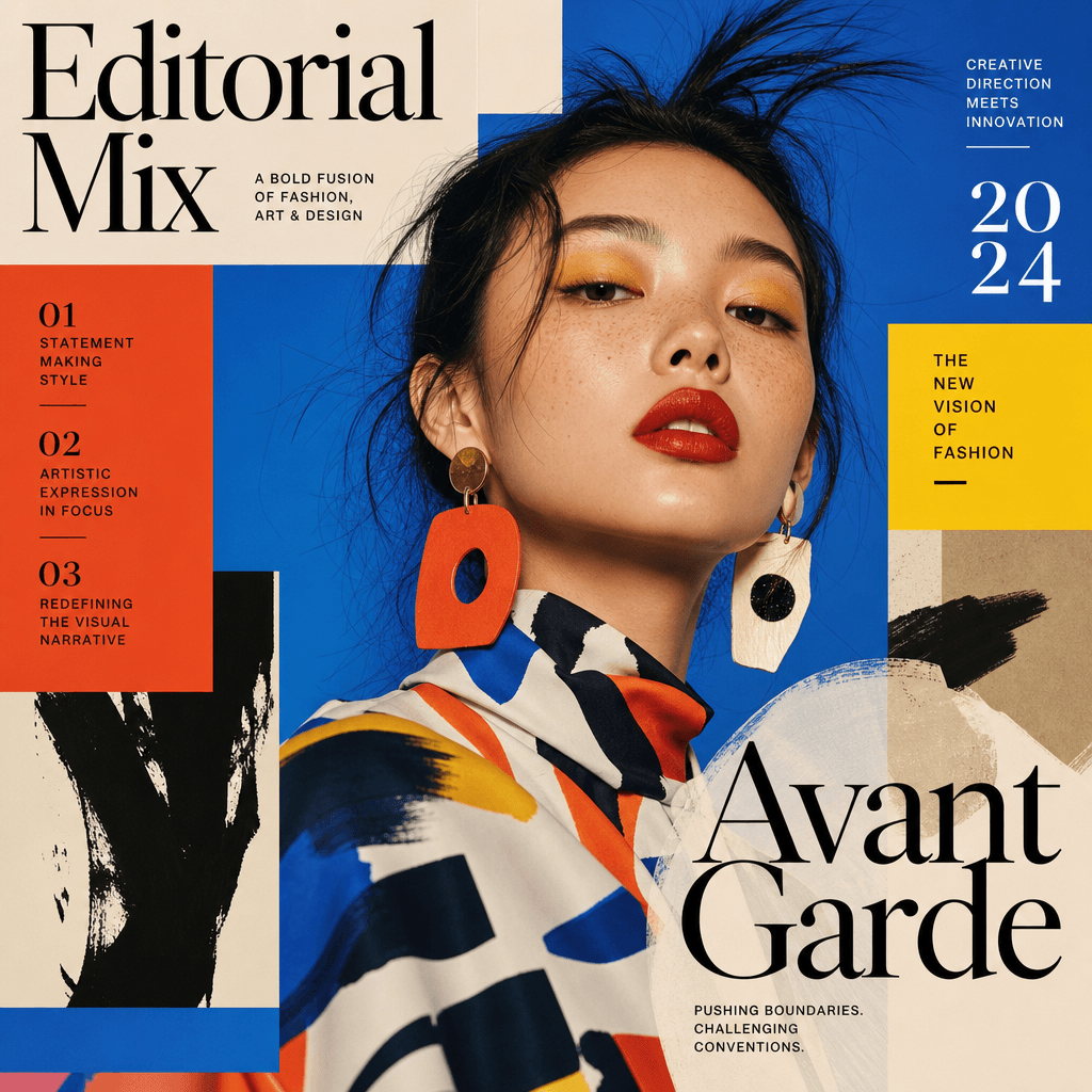 A bold and colorful studio portrait showcasing the innovative design of the Editorial Mix template, with a focus on avan