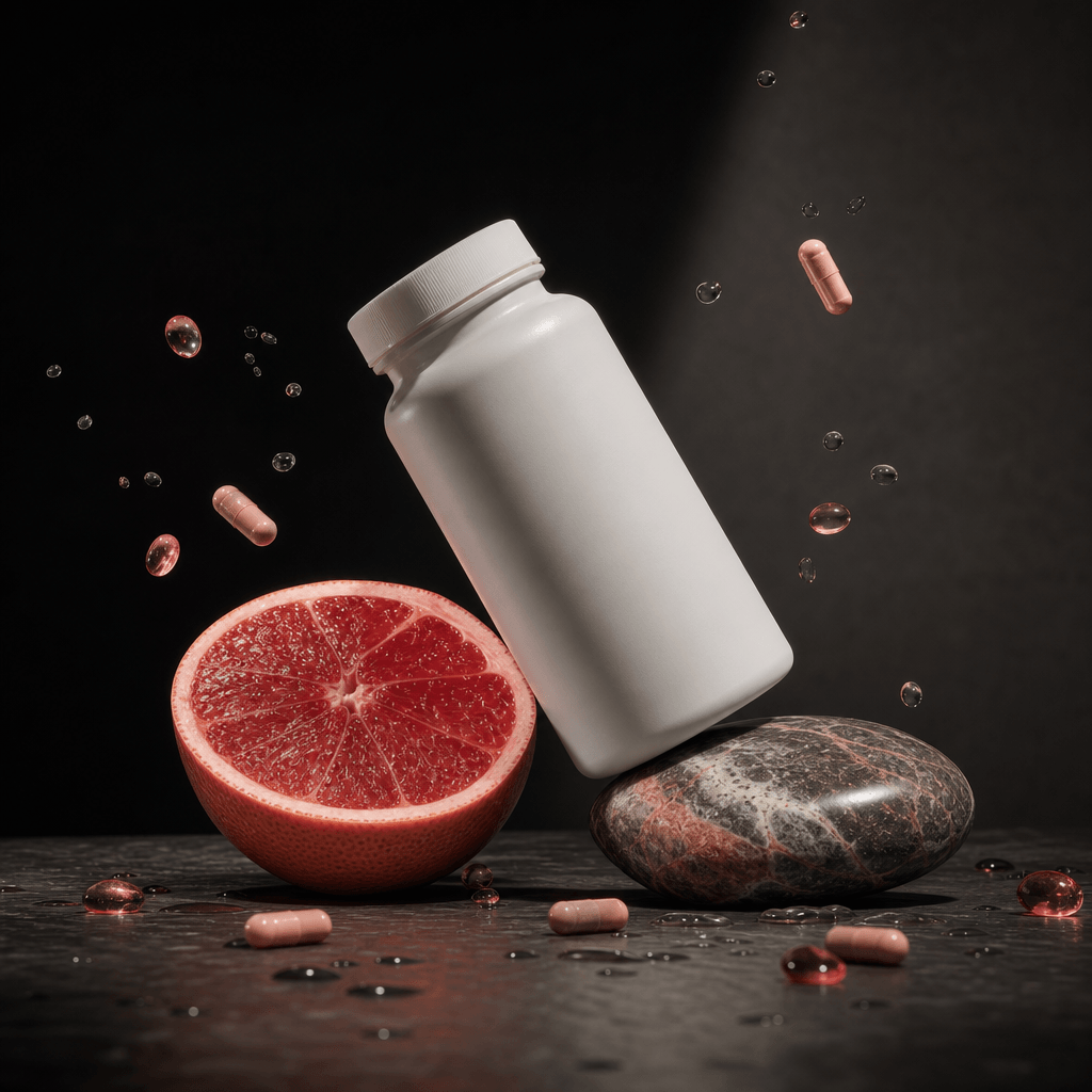 A matte white vitamin bottle balanced diagonally between a grapefruit half and a polished stone, surrounded by small cap