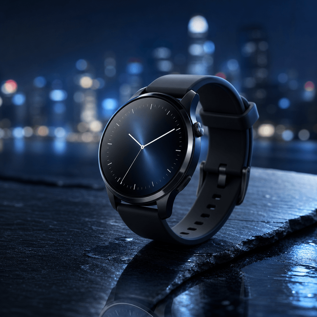 A sleek smartwatch on polished dark slate with soft bokeh city lights dissolving in the background, cool blue-black colo