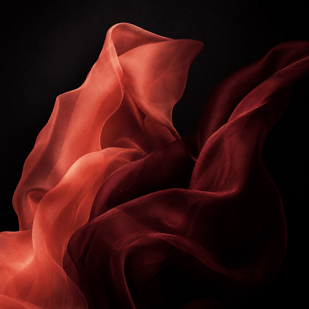 Contemporary romance cover concept built around two overlapping translucent silk forms in coral and burgundy, intimate s