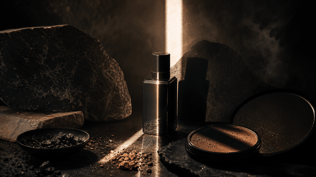 An abstract beauty still life where a black glass bottle divides a narrow beam of warm light, creating layered shadows a