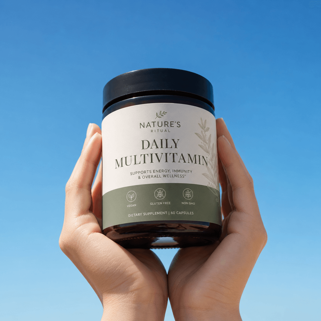 Clean hands cradling health supplement jar against bright cloudless blue sky, natural soft diffused lighting, lifestyle 
