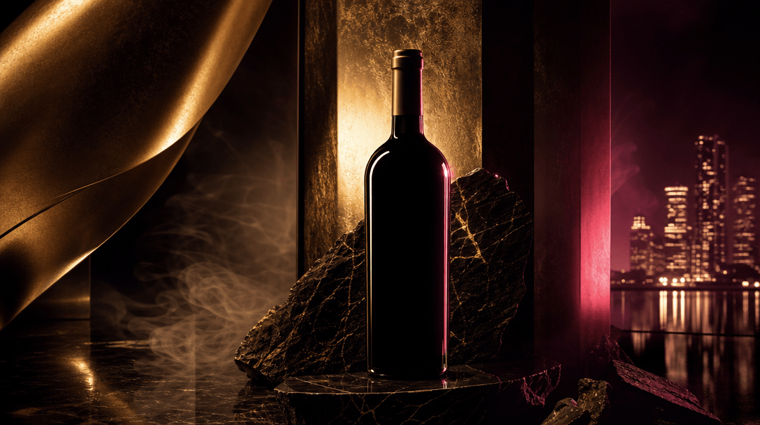 Luxury campaign still life with a wine bottle silhouette surrounded by sweeping beams of warm gold and restrained hot pi