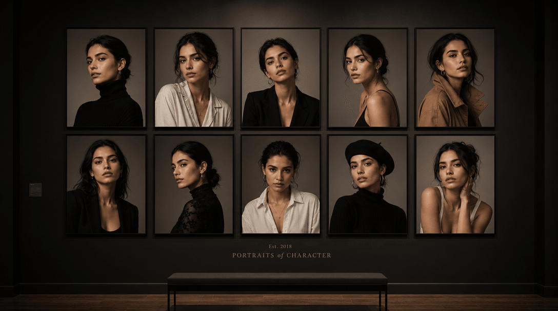 A cohesive grid of portrait photographs displayed on a gallery wall — same subject, same lighting language, different st