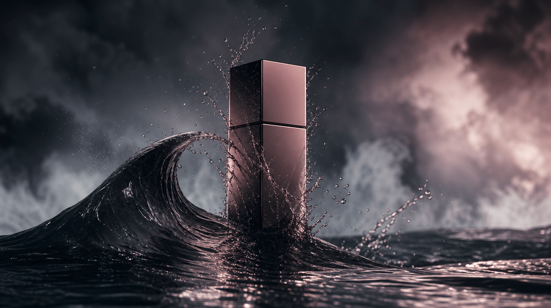 A surreal ocean surface folding around a pristine geometric product silhouette, liquid reflections, sea mist, scattered 