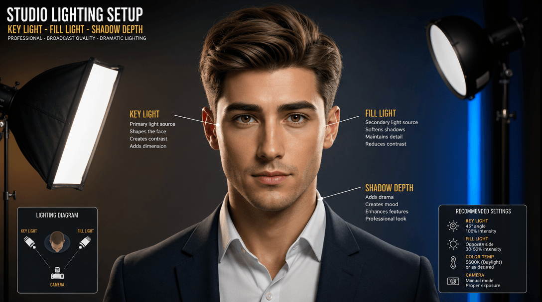 Studio lighting setup on avatar face, key light fill light shadow depth, professional broadcast quality, dramatic lighti
