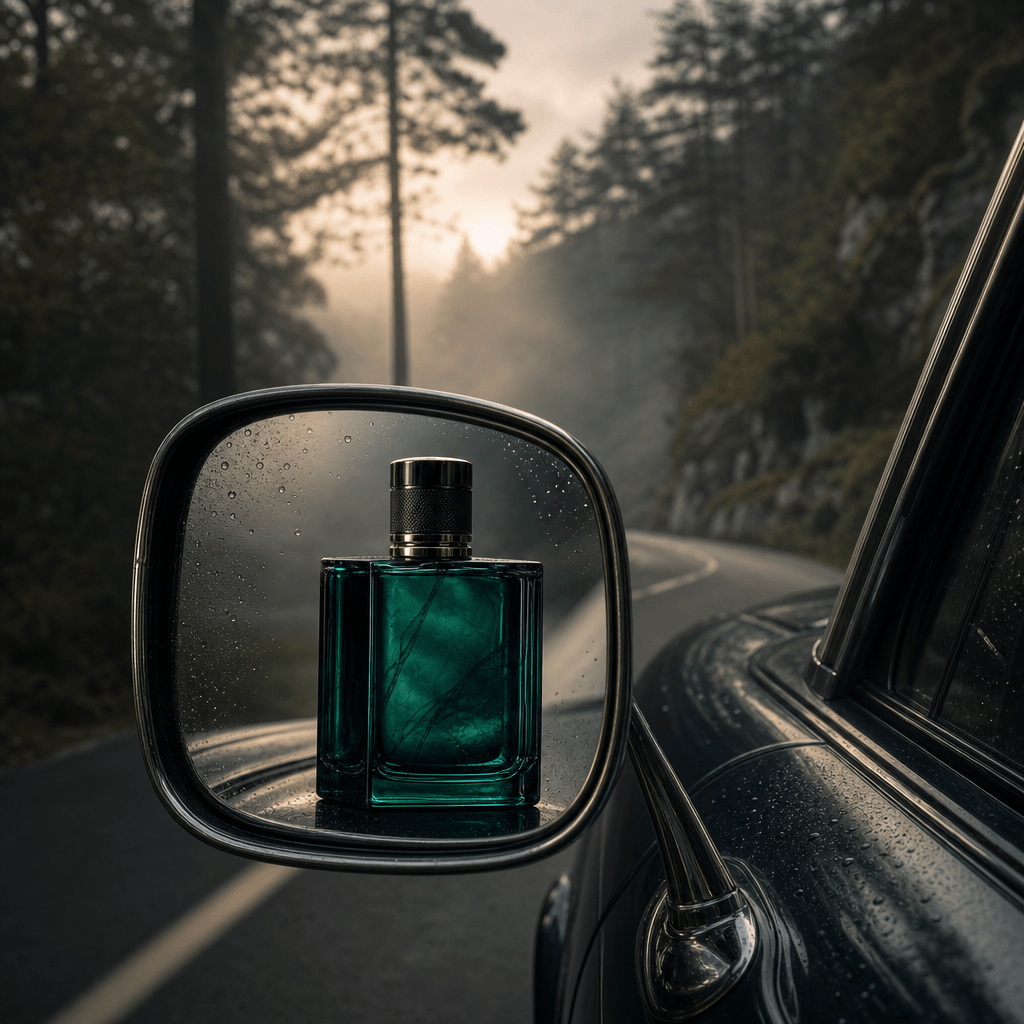 A jewel-toned fragrance bottle framed in a classic car mirror beside a misty forest road at dawn, soft fog, muted green 