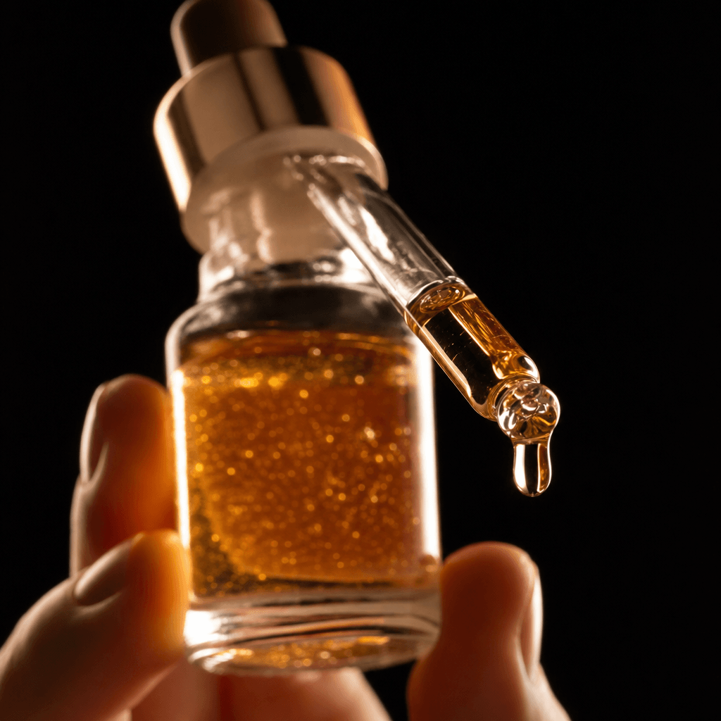A skincare serum glass dropper bottle held at a slight angle against deep charcoal background. Macro focus on the droppe