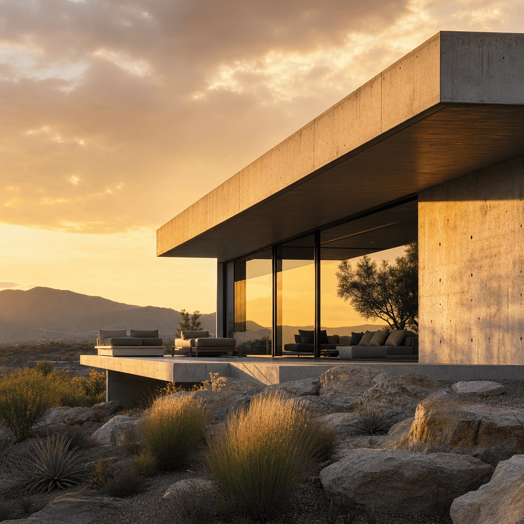 Photorealistic architectural render of a modernist concrete villa exterior at golden hour. Clean horizontal lines, overh