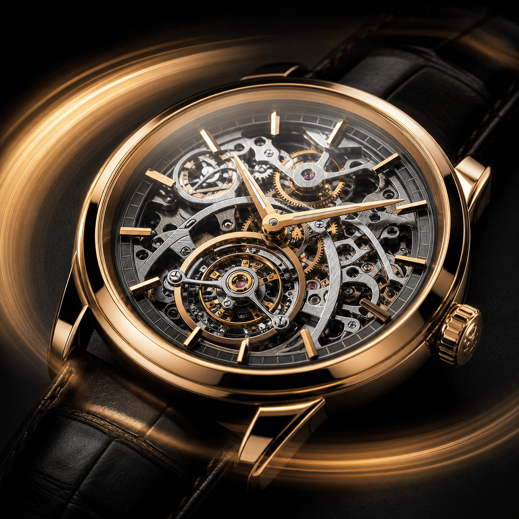 A close-up of a luxury mechanical watch face on a matte black surface, with soft light sweep motion trails across the po