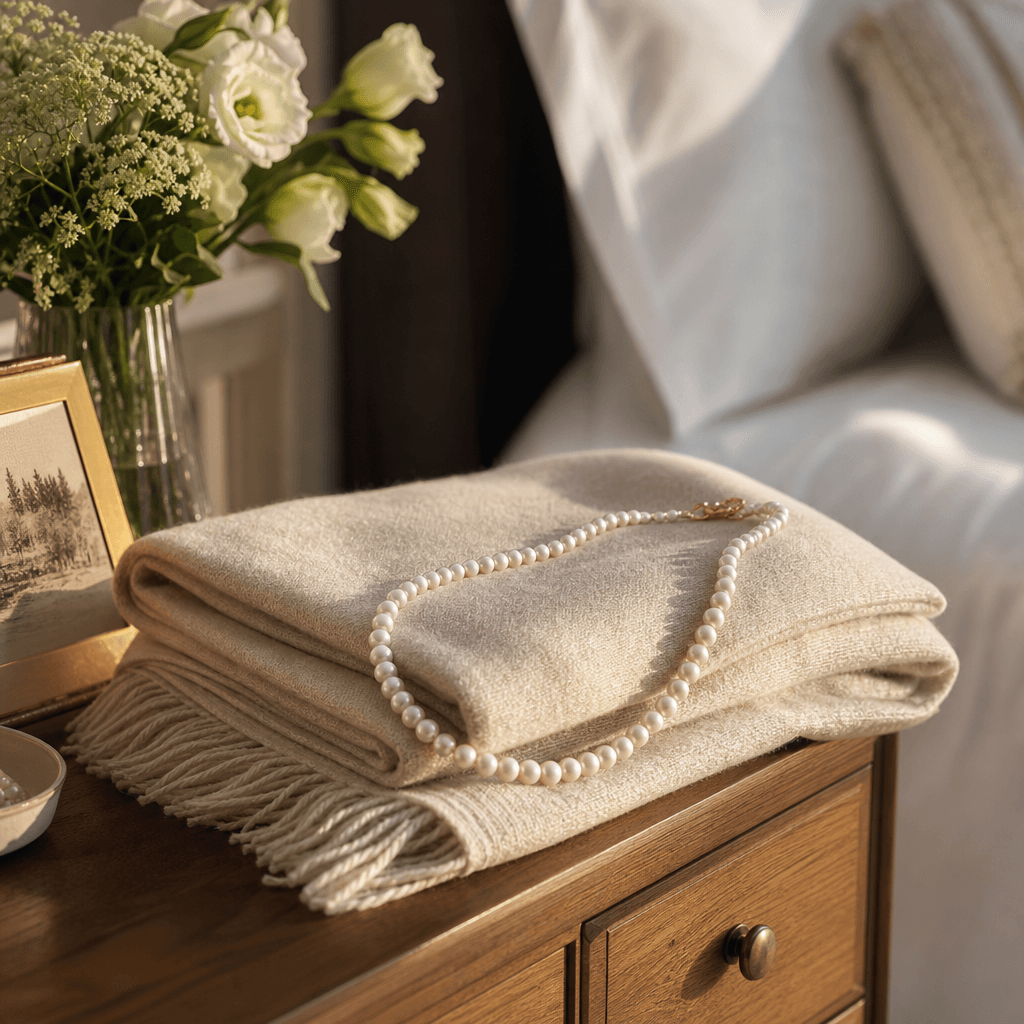 Pearl necklace draped over folded cashmere blanket in morning bedroom, wooden nightstand with soft focus background, war