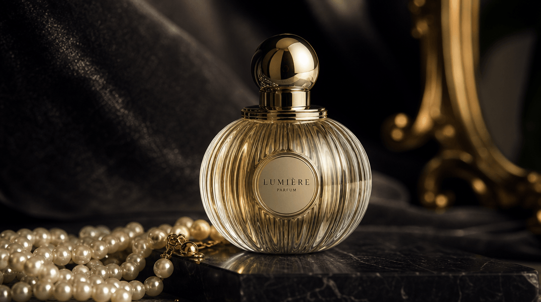 Luxury brand aesthetic—metallic and pearl textures catching light. Shallow depth-of-field focus, dark editorial backgrou
