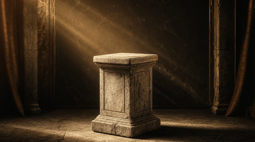 Stone pedestal in dramatic studio lighting setup, volumetric light rays, warm golden atmospheric tones, dark editorial b