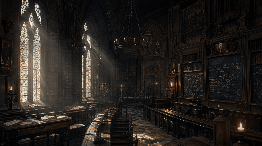 Dark academia classroom setting, magical ambiance throughout, dusty light rays filtering, mysterious atmosphere, fantasy