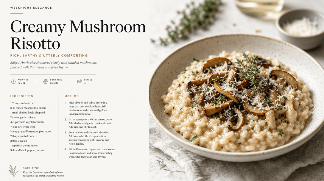 High-end magazine recipe layout with dish photo as hero image. Surrounding space showing typography hierarchy, elegant s