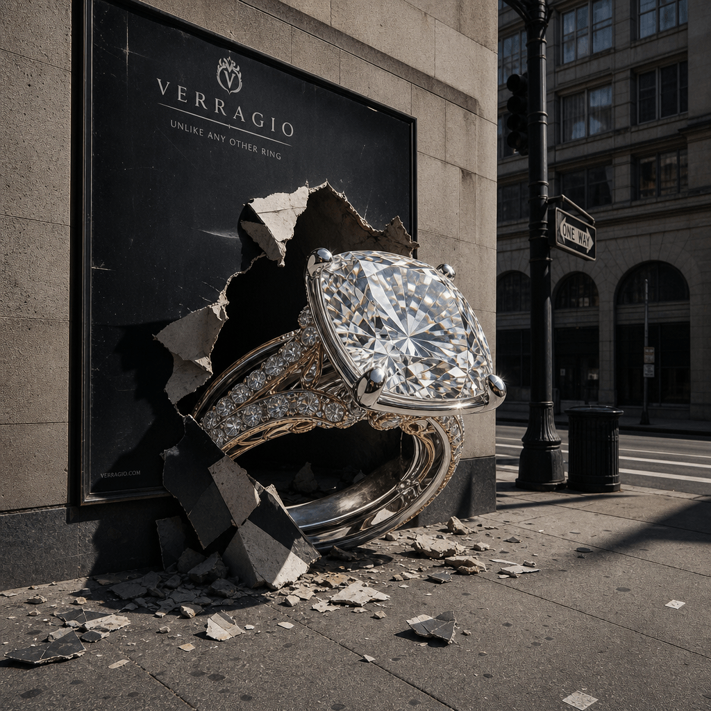 Square surreal product campaign where an oversized gemstone ring breaks the flat boundary of an urban billboard and rest