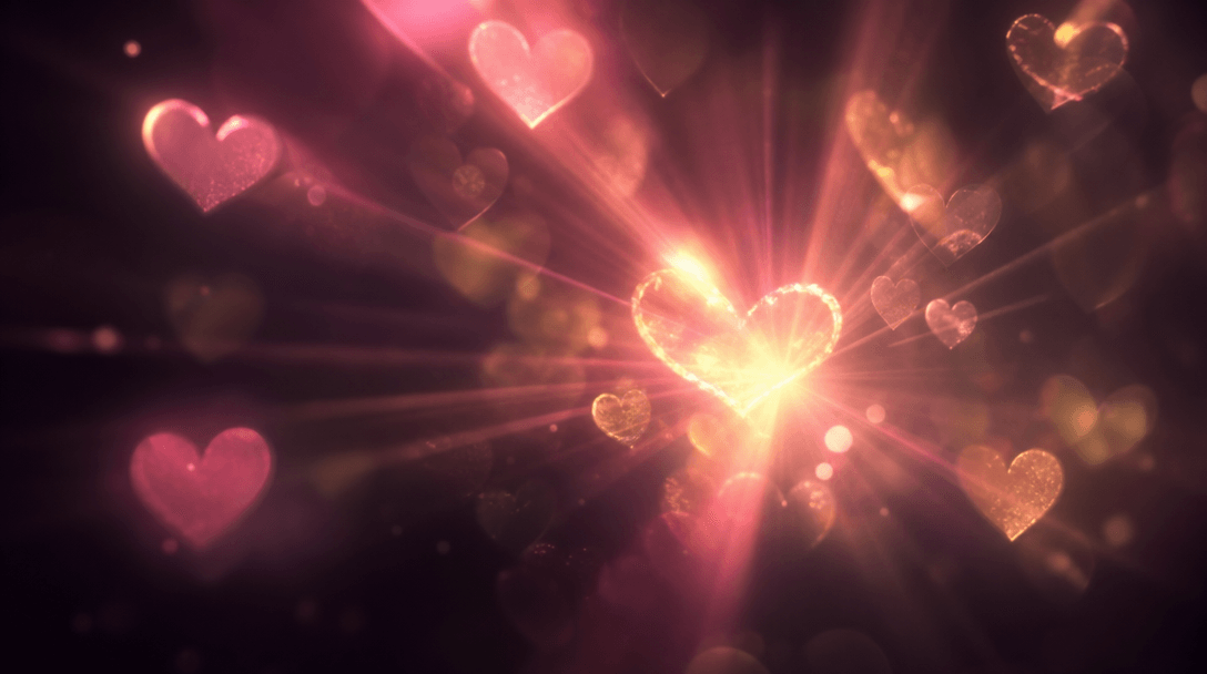 Close-up of warm pink and gold heart-shaped light rays, soft romantic lighting, abstract light patterns, cinematic mood,