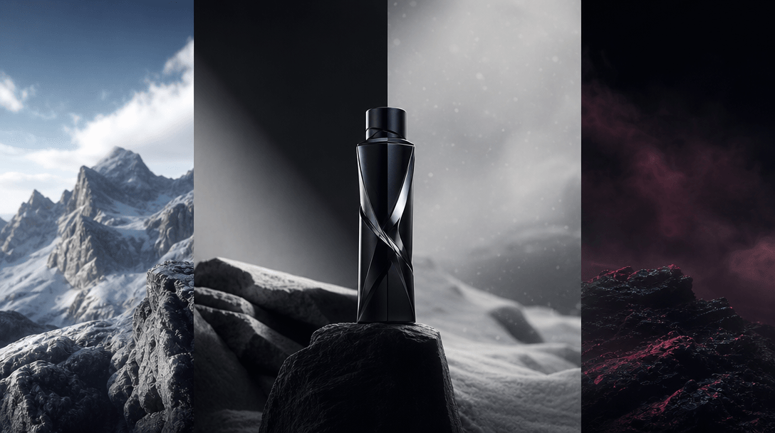 Four distinct cinematic lighting environments converging around one sculptural product form: cold alpine daylight, hard 