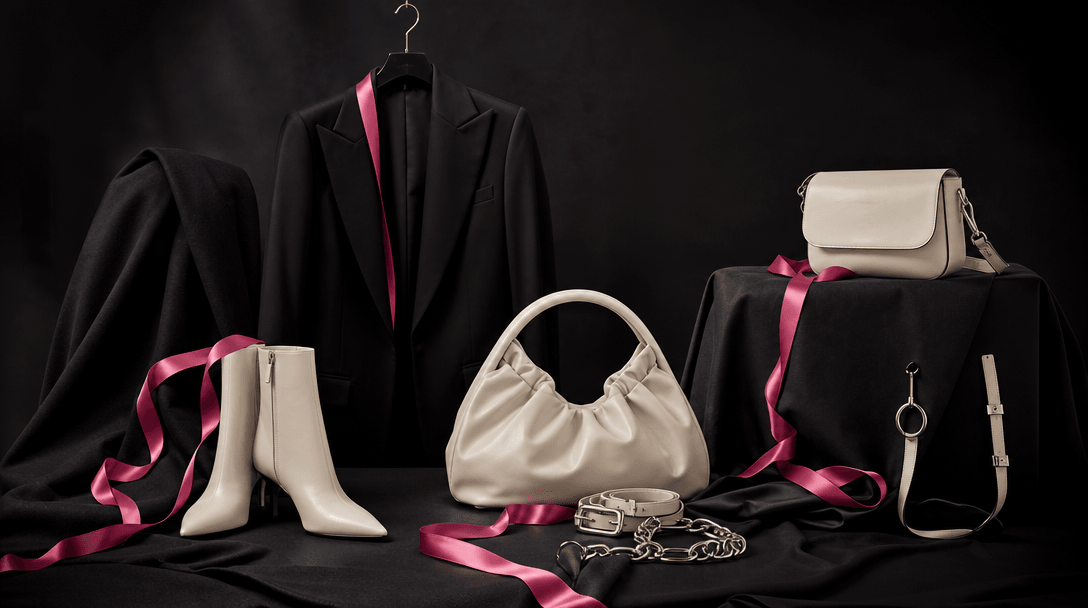 A sequence of coordinated fashion materials and accessories extending across a wide dark studio set, each object connect