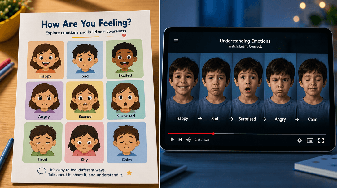 Split-screen visual: left side shows printed emotion grid on white paper classroom printable, right side shows video pla