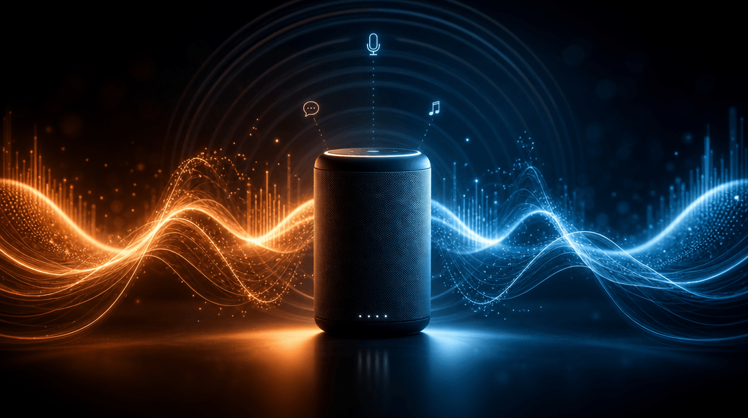 An abstract visualization of audio waves and sound energy flowing around a product. Warm and cool color grading, product